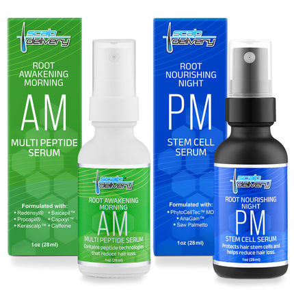 Scalp Delivery Peptide and Stem Cell Hair Growth Serum AM & PM Bundle - Hair Growth Products for Men & Women - Helps Reduce Hair Loss Strengthen & Thicken - Plant Based Scalp Serum for Thinning Hair
